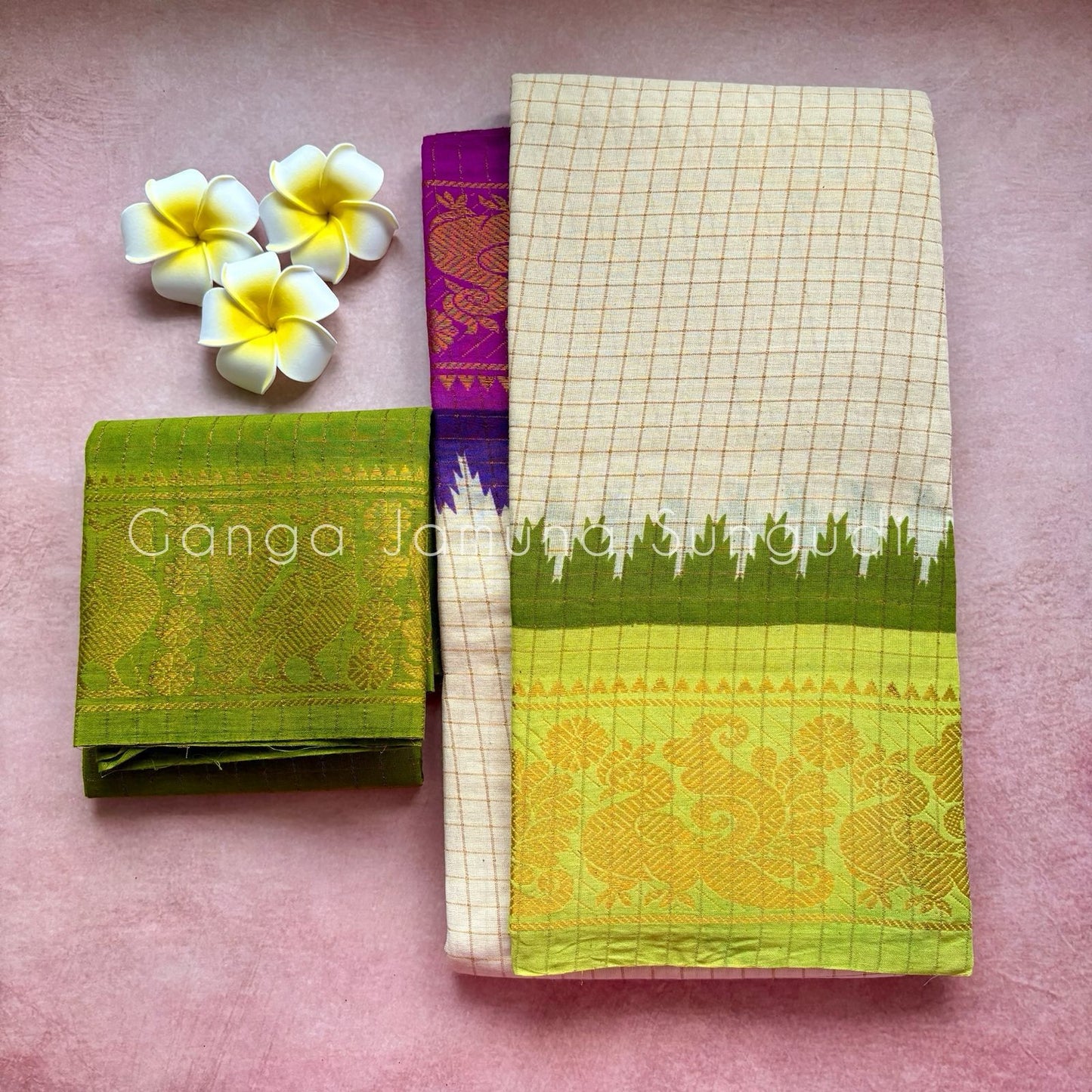 Tarangini : Ganga Jamuna Sungudi Cotton Handloom Saree with Blouse beige shade TA08