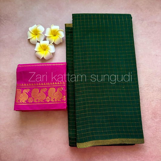 Tarangini : Sungudi Cotton zari kattam handloom Saree with Blouse ( Bottle green and Rani Pink) TA10