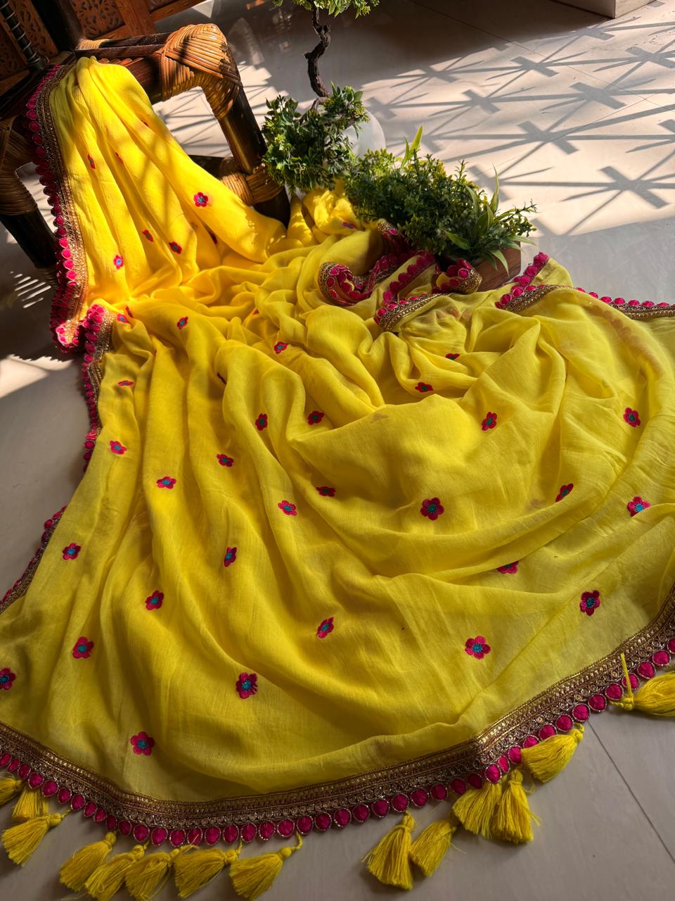 Viharika Embroidery Lace Sarees : Haldi Yellow