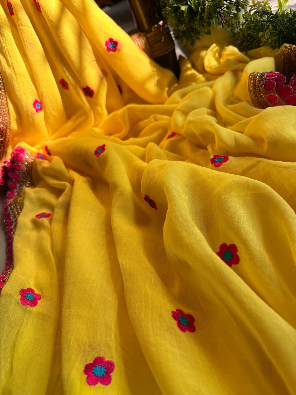 Viharika Embroidery Lace Sarees : Haldi Yellow