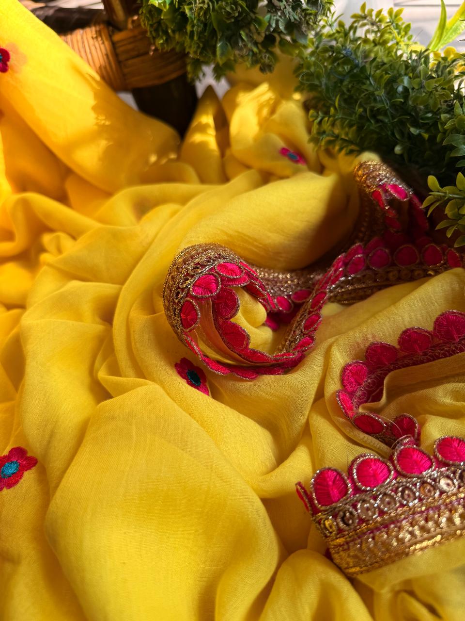 Viharika Embroidery Lace Sarees : Haldi Yellow