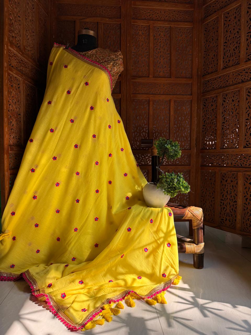 Viharika Embroidery Lace Sarees : Haldi Yellow