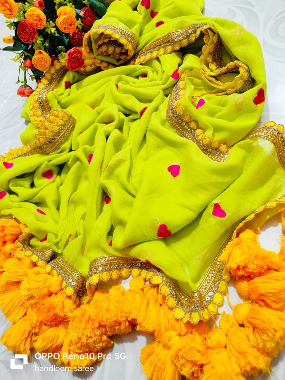 Viharika Embroidery Lace Sarees : Floral Green love motif