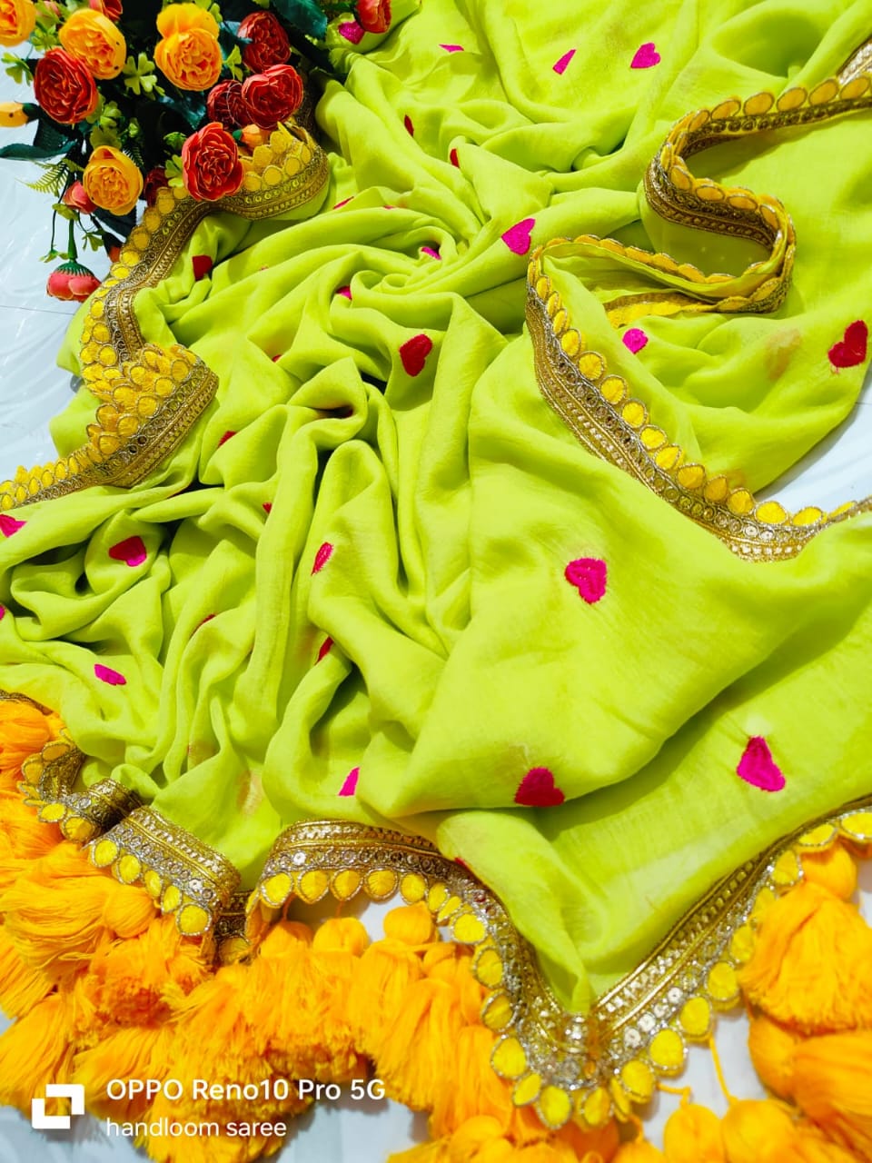 Viharika Embroidery Lace Sarees : Floral Green love motif