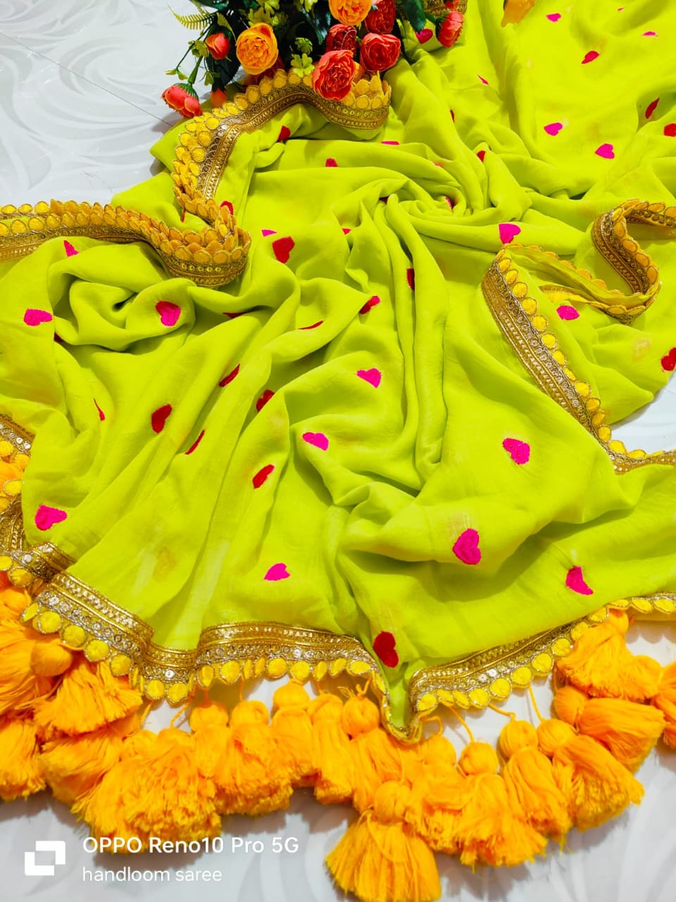 Viharika Embroidery Lace Sarees : Floral Green love motif